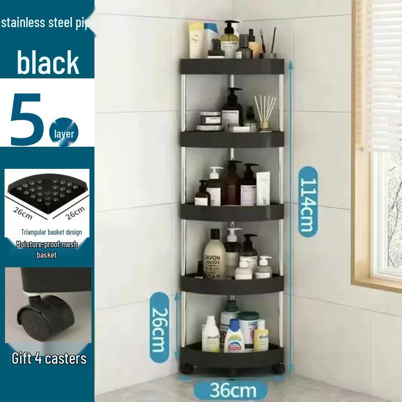 Compact Triangular Bathroom Storage Rack: Multi-Layer, Floor-Standing, Moveable Corner Organizer.