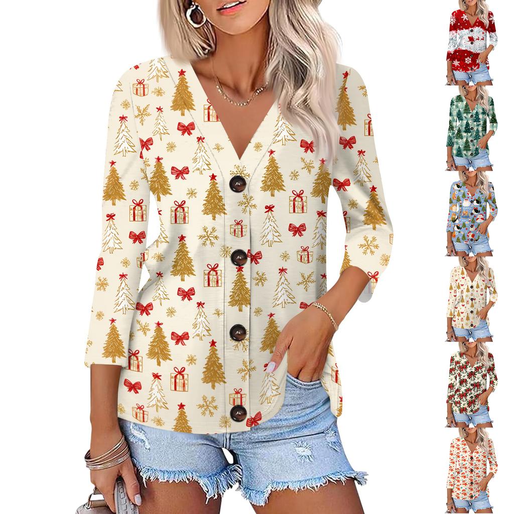 Women's Casual Christmas Print Button Down Shirt with Three-Quarter Sleeve