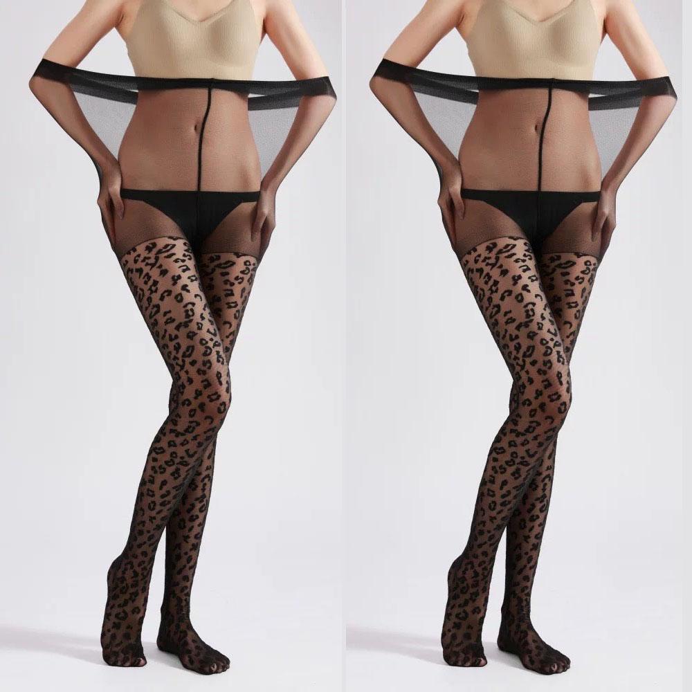 2Pcs Large Size Leopard Print Sexy Jacquard Pantyhose Sexy Women S Tights Fashion Transparent Pantyhose Long Stockings 60-95Kgs One Size