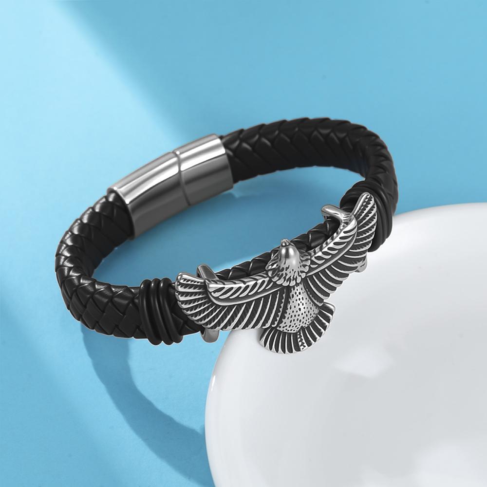 Dawapara Punk Flying Eagle Owl Bangle Bracelet 20cm Black Leather Wristband for Men Stainless Steel Jewelry