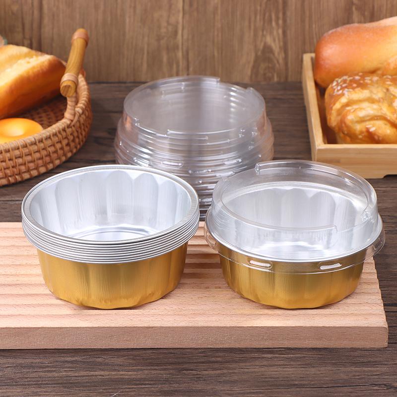 10 Conjuntos Recipiente de Bolo de Folha de Alumínio 250ml Formas de Bolo Forros Com Tampas Copos de Assar de Folha Resistentes ao Calor Forma de Bolo Ferramenta de Cozinha