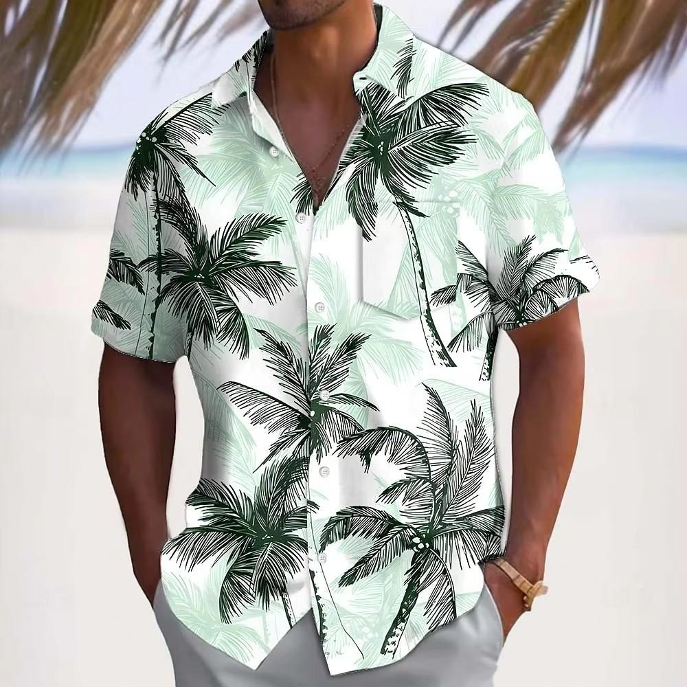 Men's Summer Short Sleeved Coconut Tree Pattern Printed Collar Top Hawaii Vacation Shirt Men's Casual Street Hip Hop Short Sleeved Shirt