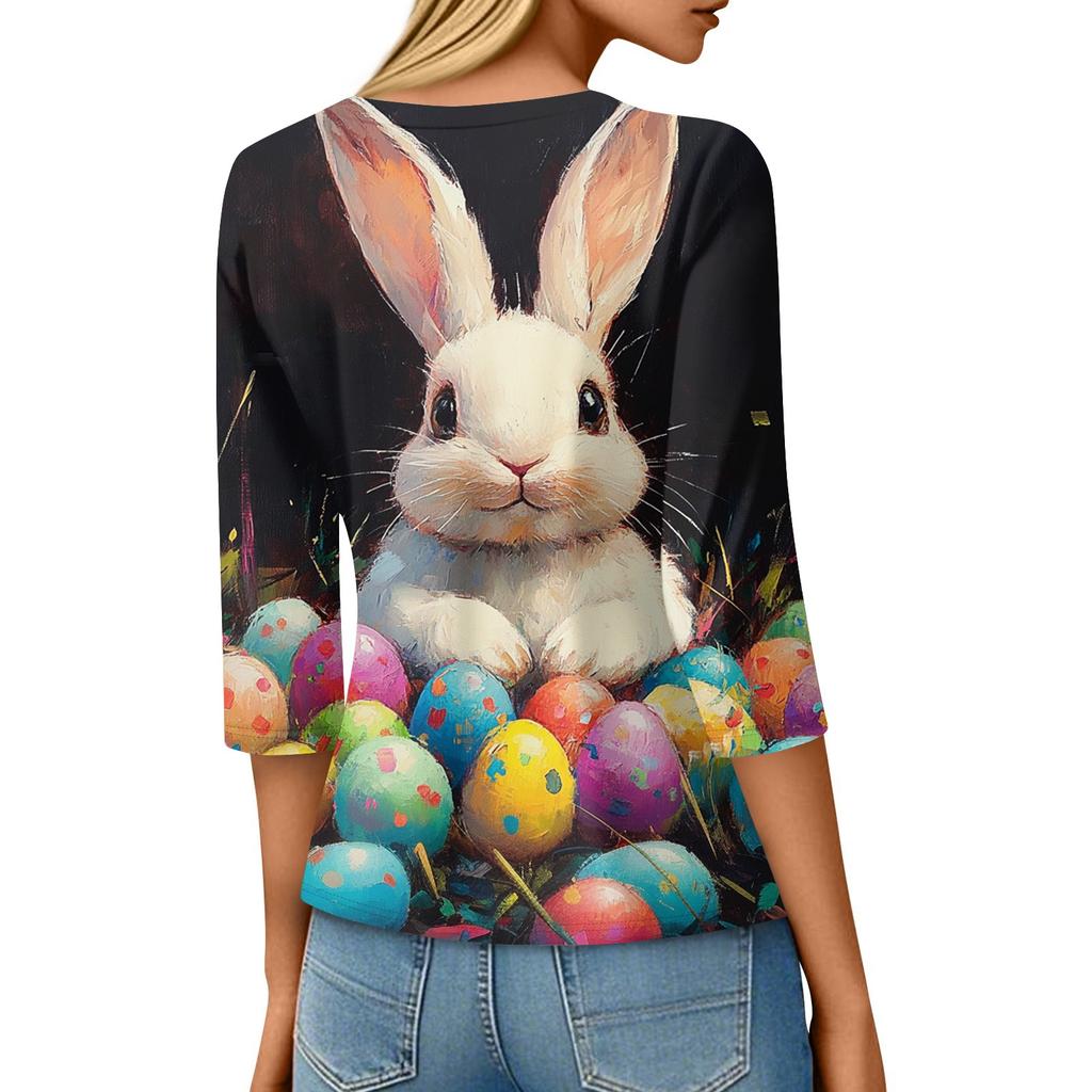 Women's Fashion Loose Casual Seven Sleeve Printed Round Neck Top