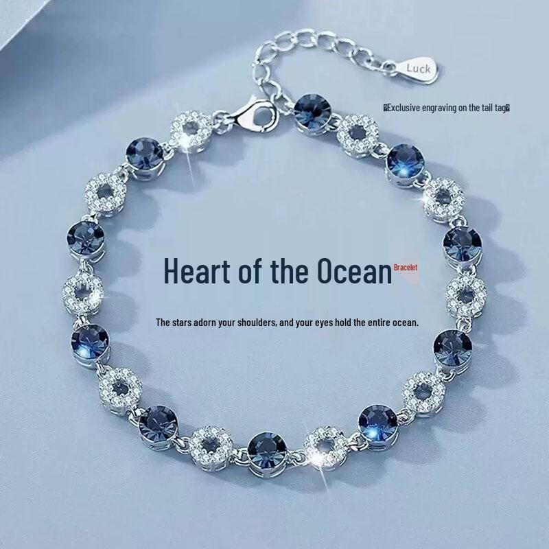 Sterling Silver 999 Crystal Ocean Heart Bracelet for Women - Platinum Tone Zircon Gift for Wife or Loved One