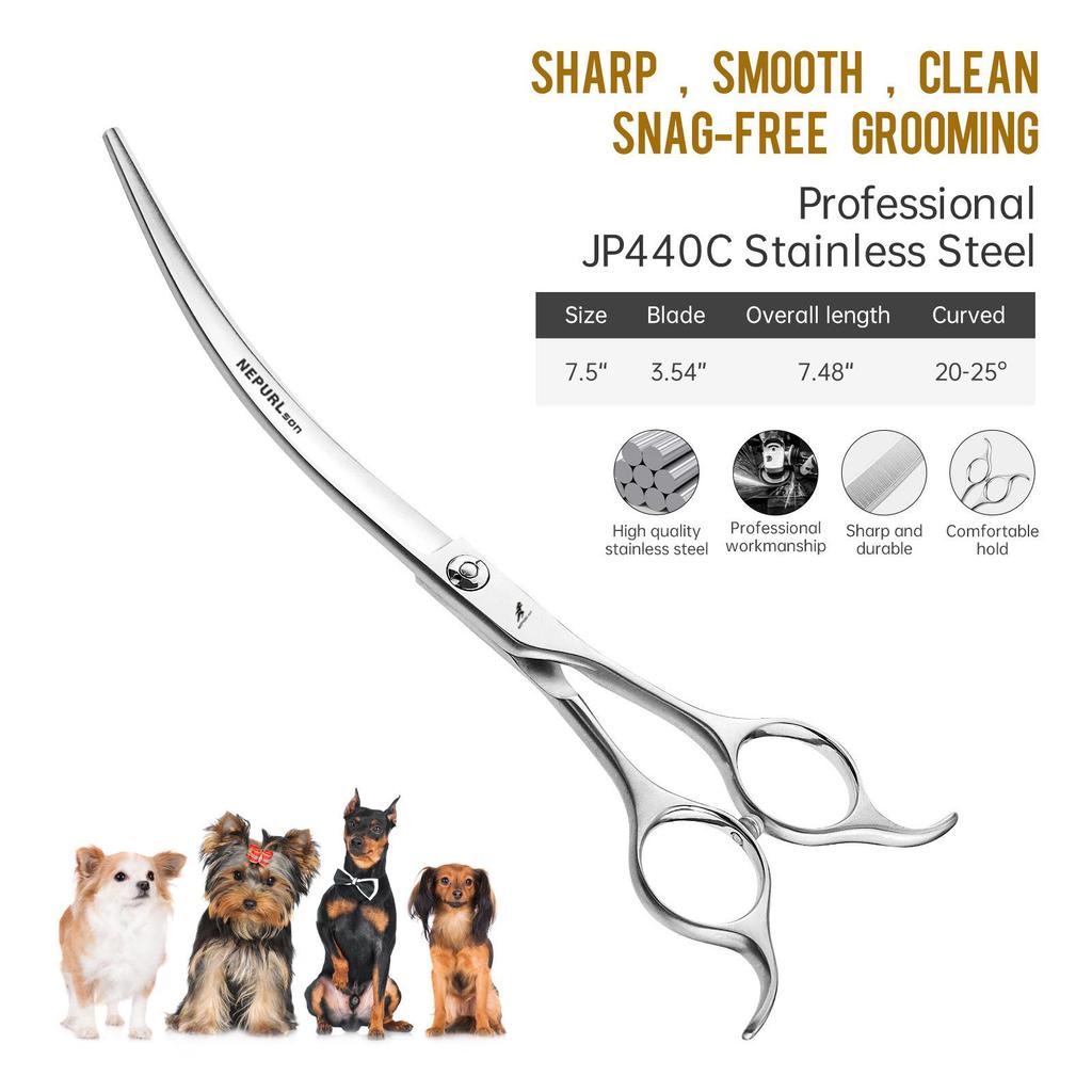 7.5" Dual-Tail Curved Pet Grooming Shears - 45° Bend for Upward and Downward Cutting