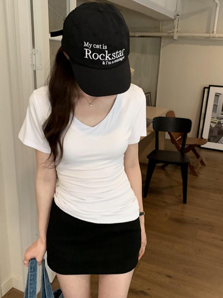 WhiteV-Neckshort Sleeve T-Shirt Women's Casual Loose-Fit Waist-Fitted Top Korean Style Polyester Fiber Summer Clothing