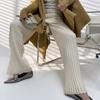 Casual Thick Knitted Women Pants Elastic High Waist Loose Female Wide Leg Pant Long Trousers Autumn Winter Striped Pantalon
