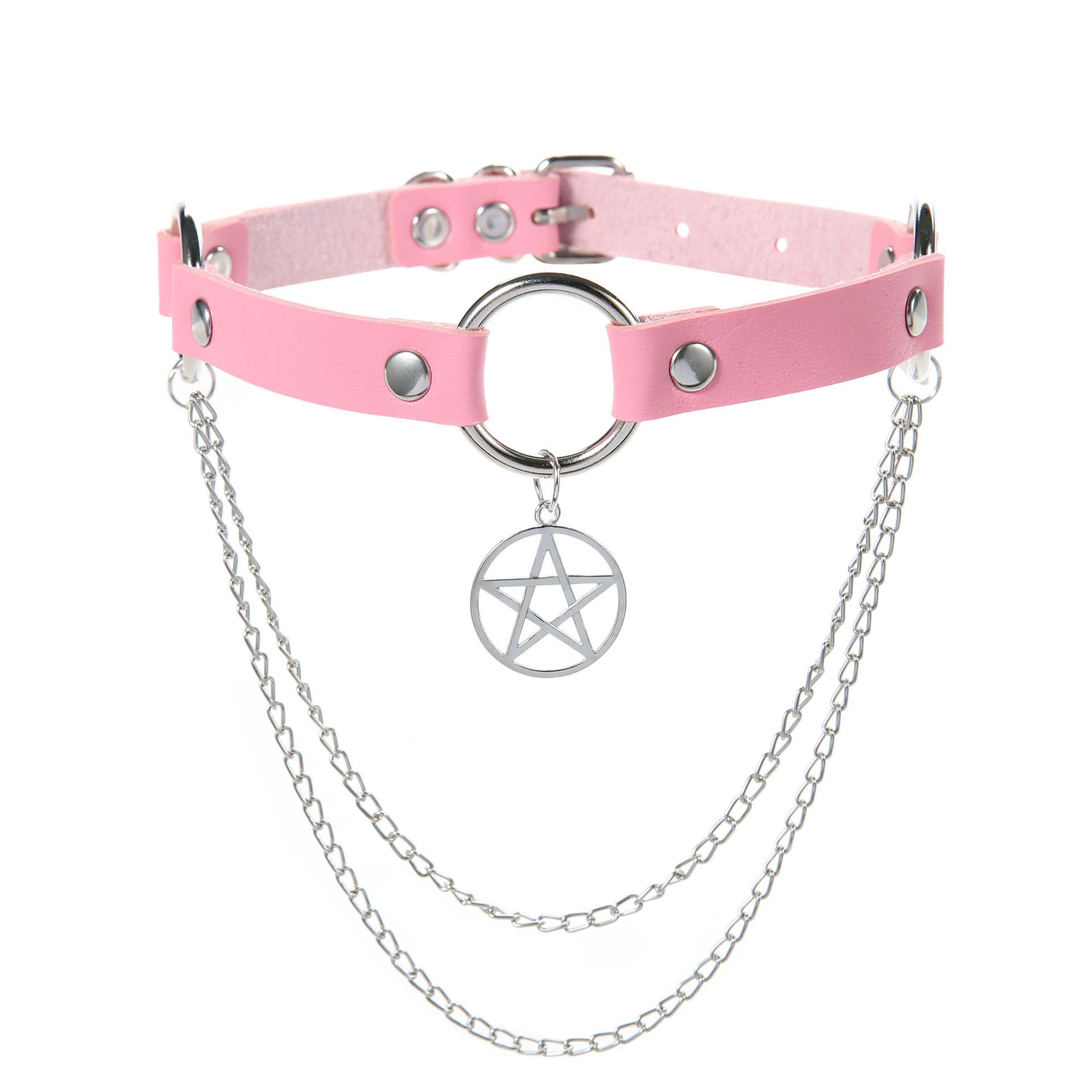 

Goth Pentagram Choker With Chain Collar For Women Black Leather Chocker Grunge Punk Alternative Jewelry