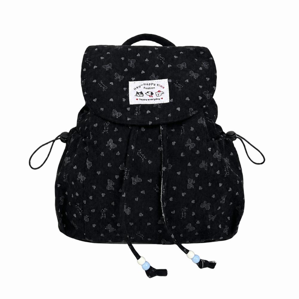 Lightweight Drawstring Daypack Casual Bookbag Fashionable Bow Print Corduroy Backpack Spring
