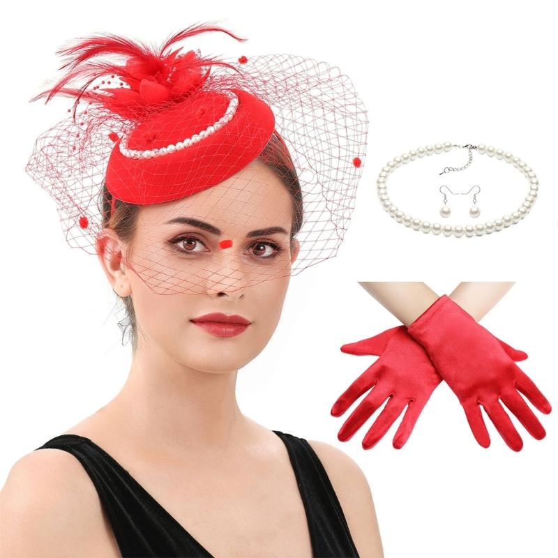 2025 Derby Hat For Women Feather Fascinator Hat and Necklace Earring Lace Short Gloves Set For Teas Party Church Wedding