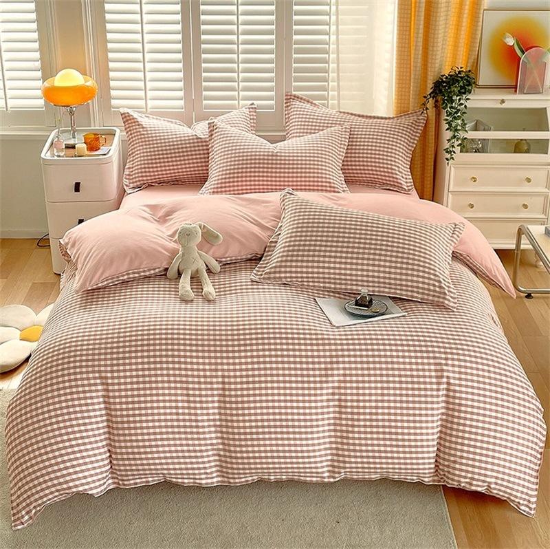 Small Fresh Pure Cotton Brushed Four-piece Set Thickened Washed Cotton Sheets and Quilt Covers Dormitory Three-piece Bedding Set