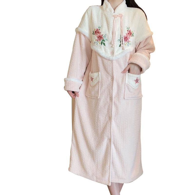 Women's Vintage Velvet Stand Collar Frog Button Robe Pajama Set