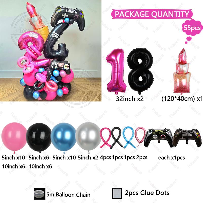 54pcs Red Lips Game Control Handle Black 1-9 Foil Digital Balloons Childrens Birthday Toys Party Decor Game Theme Party Supplies
