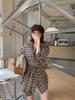 Women's Retro Lattice Long-Sleeve Shirt Set with Straps - New Autumn 2025 Casual Slimming Cardigan