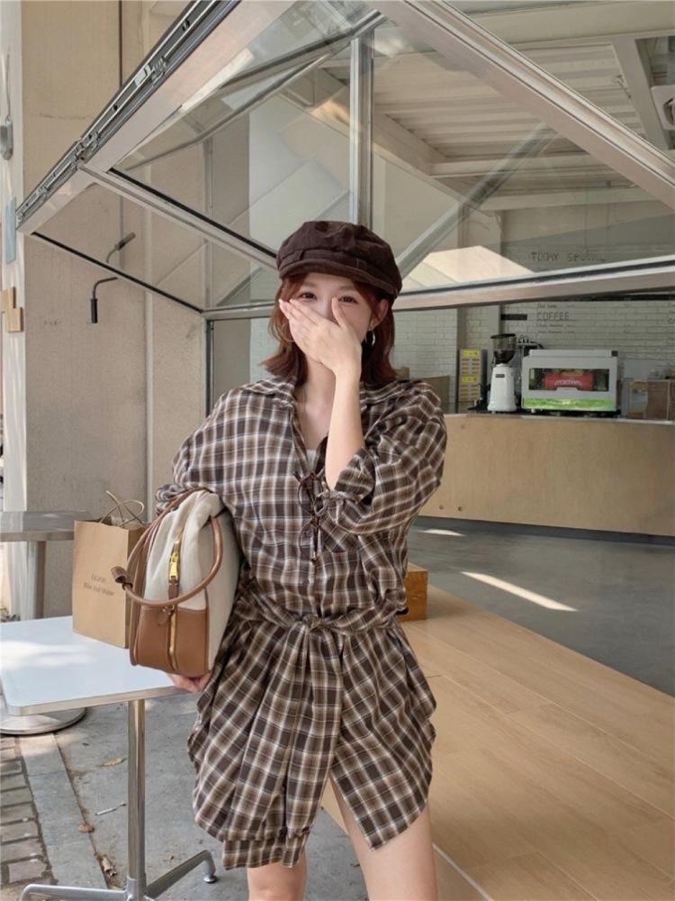 Women's Retro Lattice Long-Sleeve Shirt Set with Straps - New Autumn 2025 Casual Slimming Cardigan