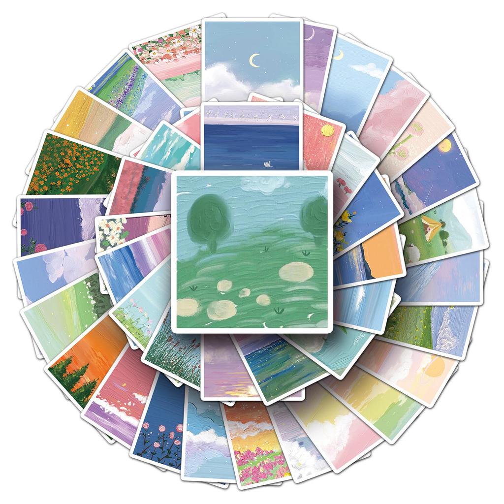 50-Piece Landscape Oil Painting Stickers: Outdoor Scenery DIY Art for Milk Tea Cups & Notebooks