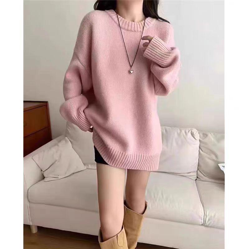 Women's European-Style Heavy-Weight Pure Wool Pullover Sweater, Round Neck, Thick, Loose, Mid-Length, Slimming, Knitted Base Layer