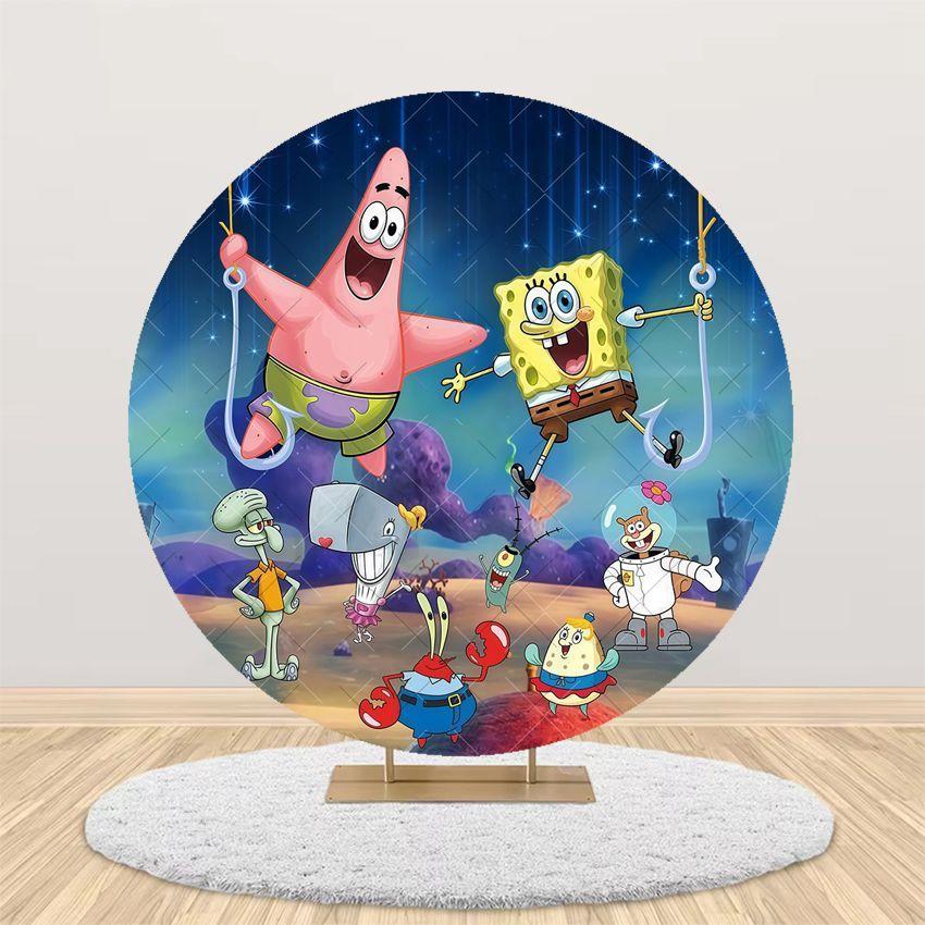 Cartoon SpongeBob Children Birthday Party Round Backdrop Cover Kid Room Decoration Baby Shower Photography Background Props