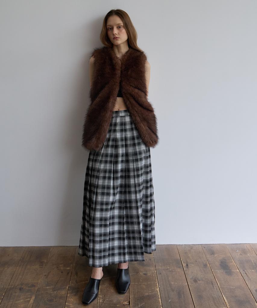 Ceme Check Pleats Long Skirt(Bk)
