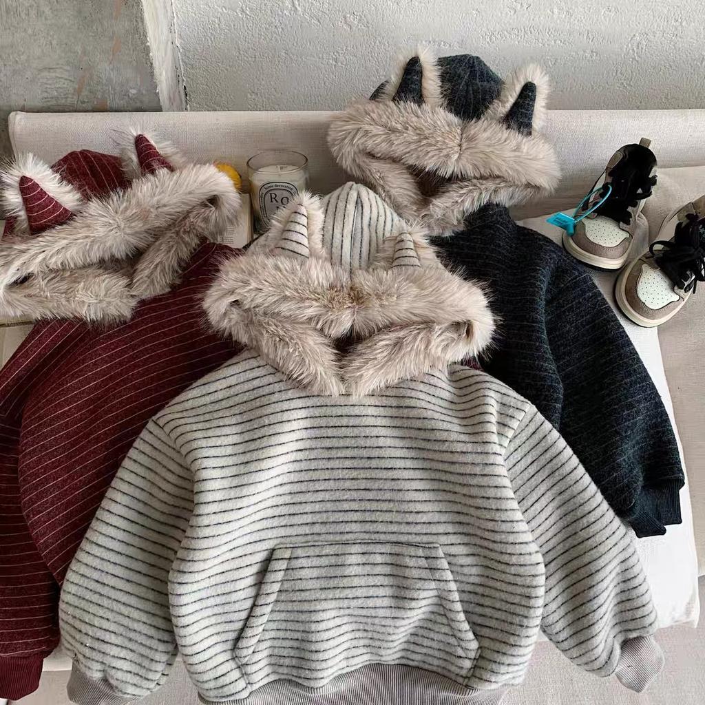 Kinder Fleece Kapuzenpullover mit Hasenohren Gestreiftes Warmes Winter Oberteil für Jungen und Mädchen