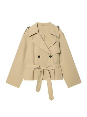 Khaki Double-Breasted Windbreaker Jacket with Waist-Cinching Belt and Lapel, Perfect for Spring and Autumn Commutes. In Stock.