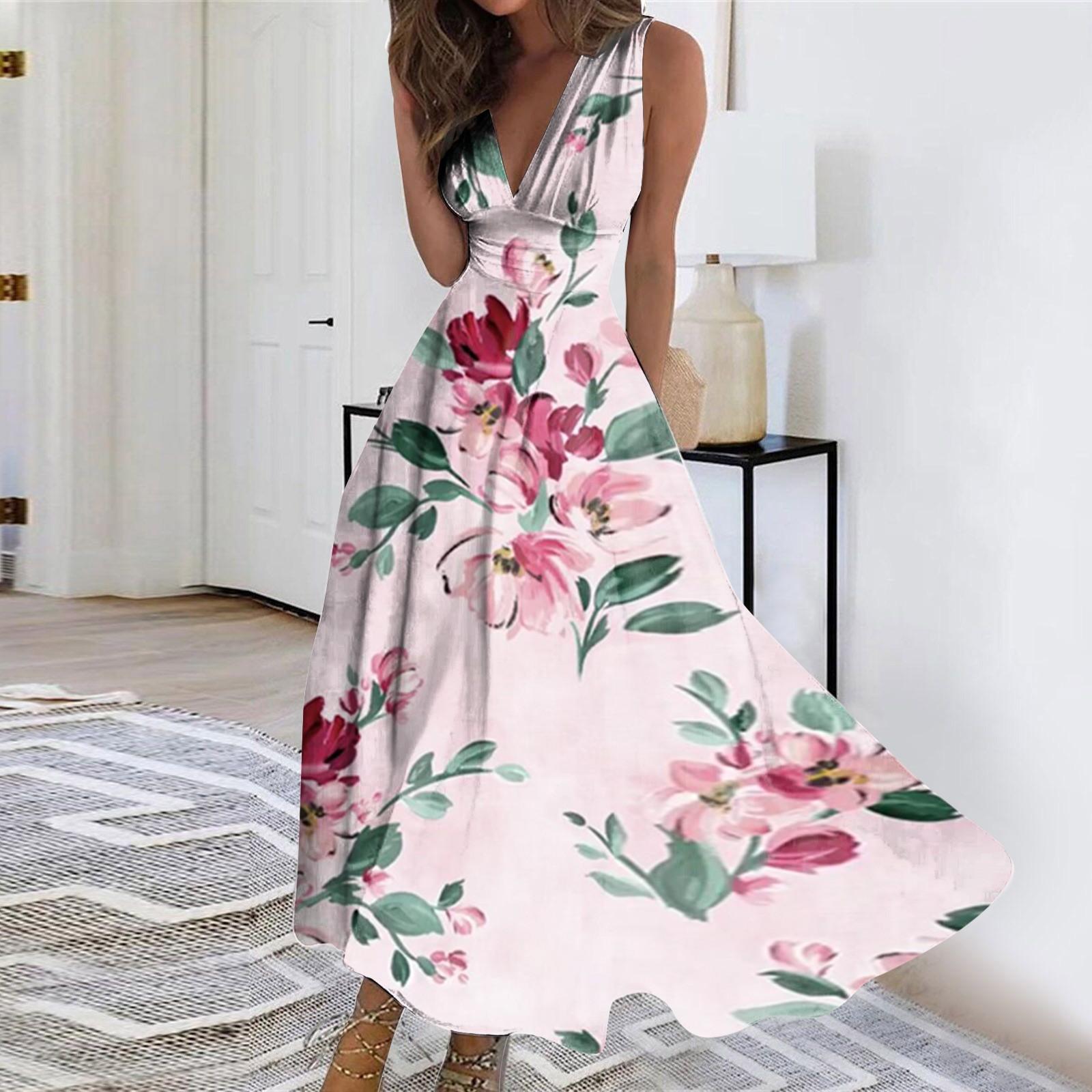 

Жіноча довга сукня Довга сукня Повсякденна сукня Літня повсякденна сукня без рукавів з V-подібним вирізом у стилі бохо із затягуванням талії з принтом XXXL білий