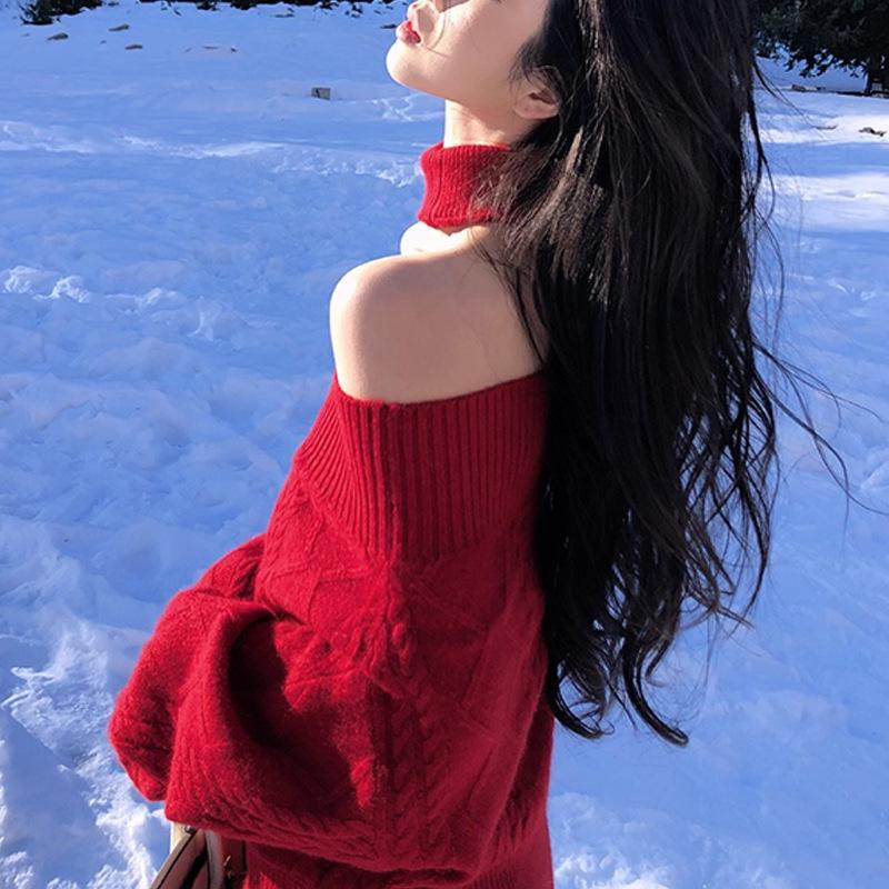 2026 Women's Elegant Slim Fit One-Shoulder Cable Knit Sweater - French Retro, Soft Texture, Christmas Edition