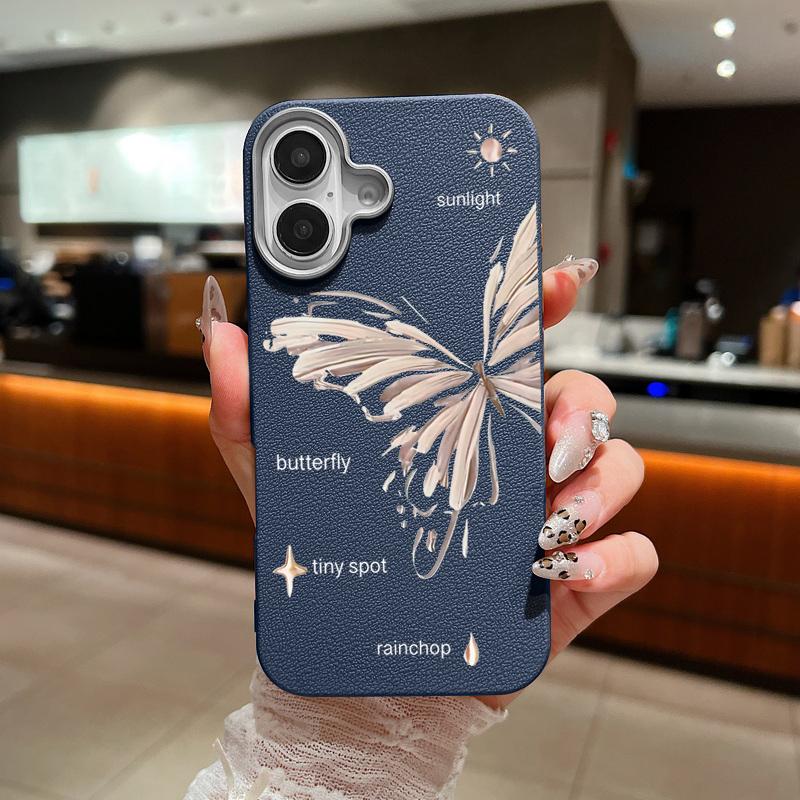 Simple Butterfly Print Shockproof Soft TPU Case For iPhone 16 Pro Max 15 Pro 14 13 12 11 Lens Protection Matte Leather Texture Slim Phone Cover