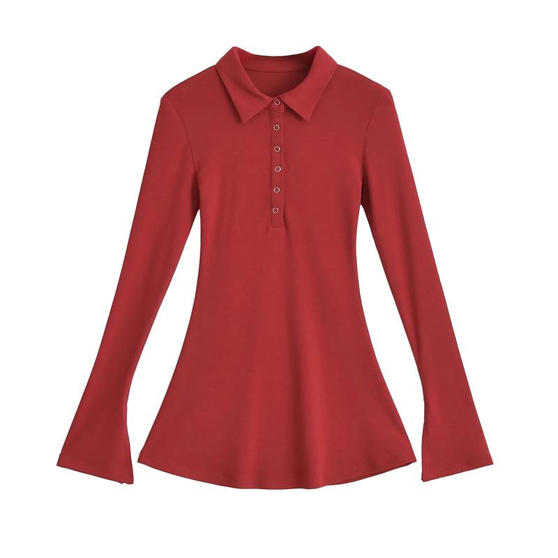 

Autumn 2025 Women s Slim Fit Long Sleeve Lapel T-shirt - Flattering Solid Color Base Layer for Spring/Autumn Small