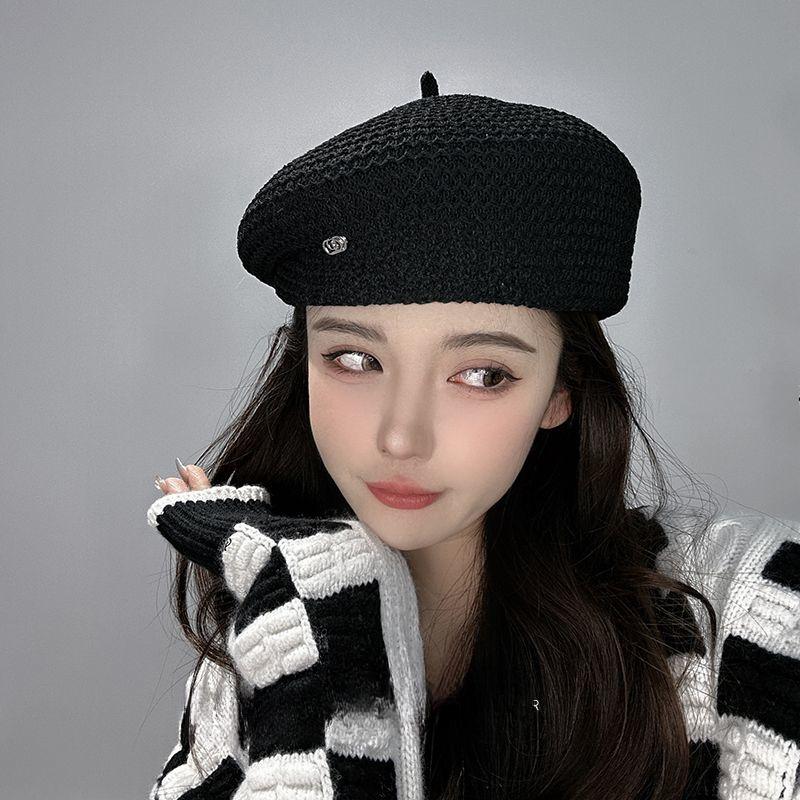Women's Retro Japanese Style Straw Beret Spring and Summer Breathable Artist Hat Face-Slimming Woven Foldable Straw Hat