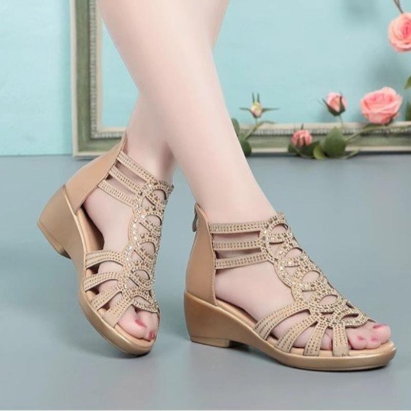 Women Sandals Wedges 2026 New Summer Comfortable Hollow Roman Sandals Elegant Low Heel Shoes for Women Fashion