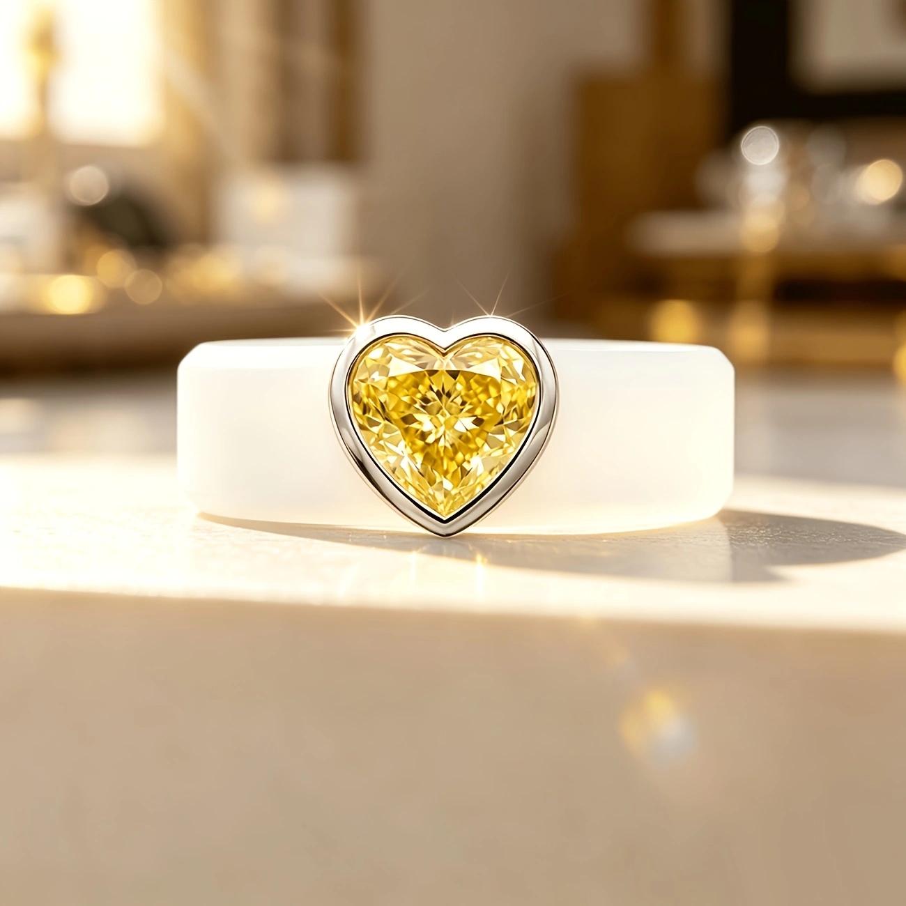 14K Weißgold platinierter Ring mit gelbem Herz-Zirkonia, Minimalistischer Liebes-Schmuck für Damen, Ideales Geschenk für Sie 10 beige