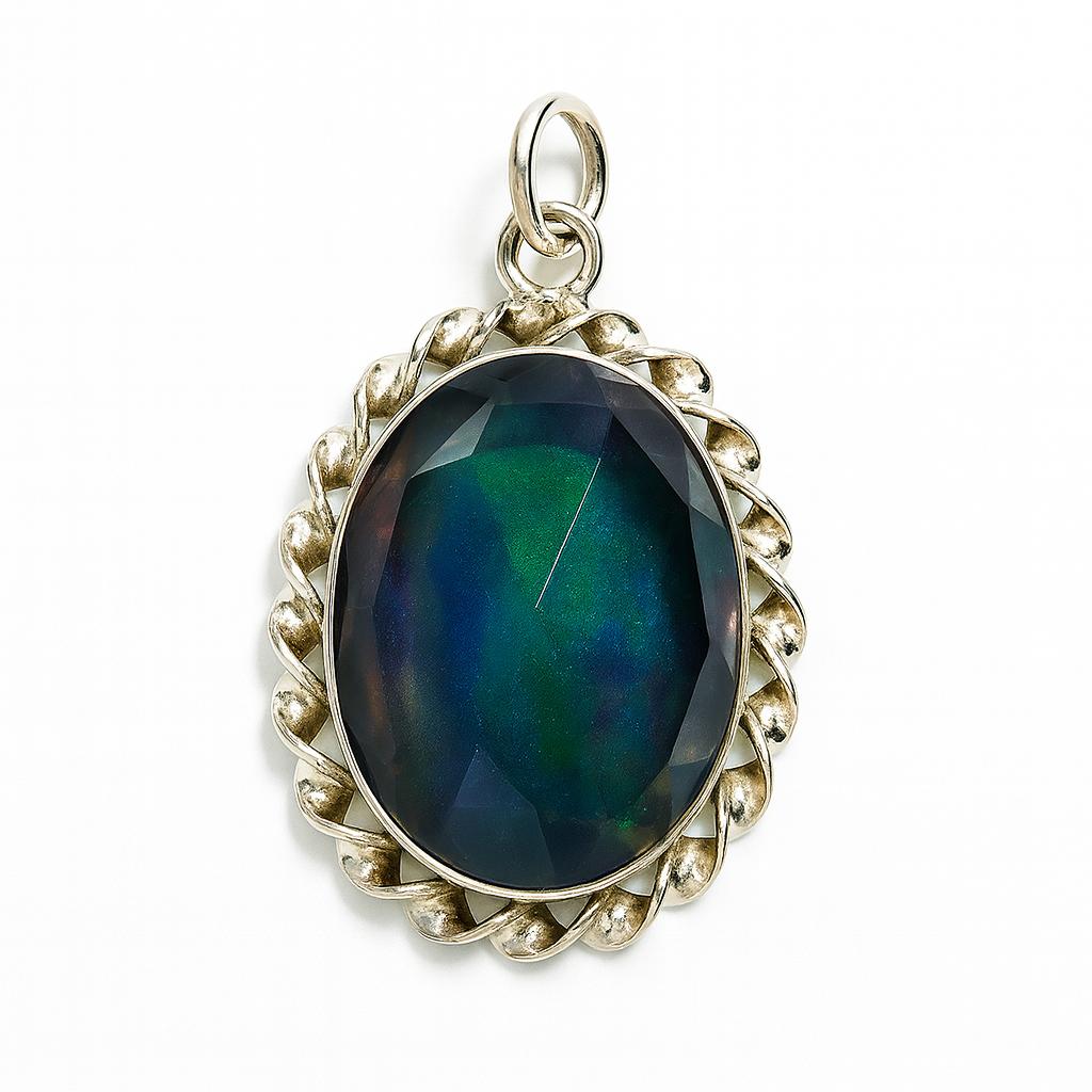 Opal Pendant 925 Sterling Silver 32.70 ct Aurora Fire Checker Oval October Birthday Birthstone