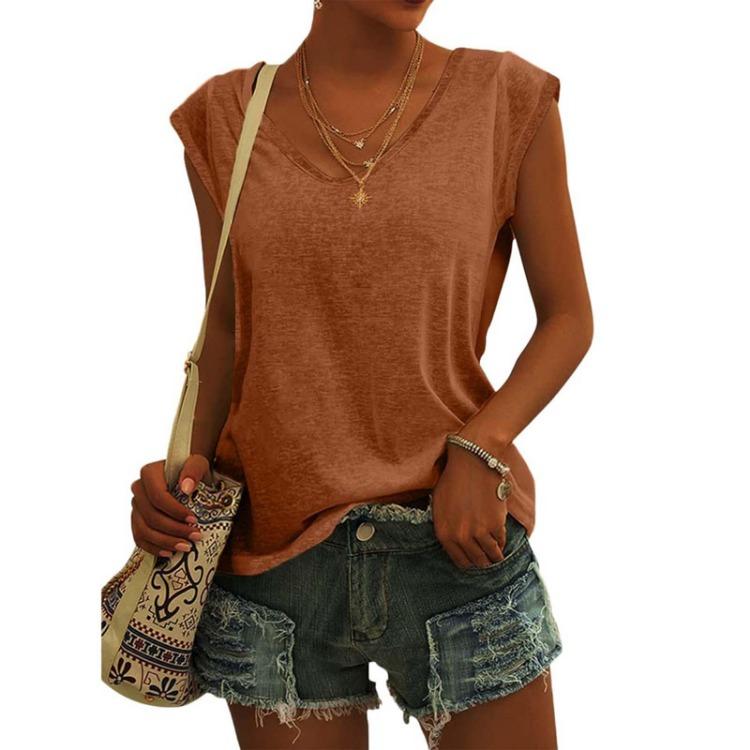 Women Fashion Casual V Neck Loose T-Shirt Solid Color Short Sleeve Top