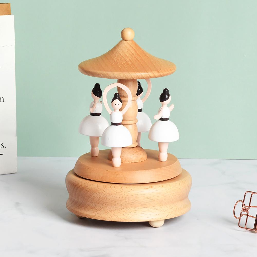 Custom Logo Wooden Music Box 18-Note Mechanical Wind-Up Rotating Carousel Ballerina Gift OEM