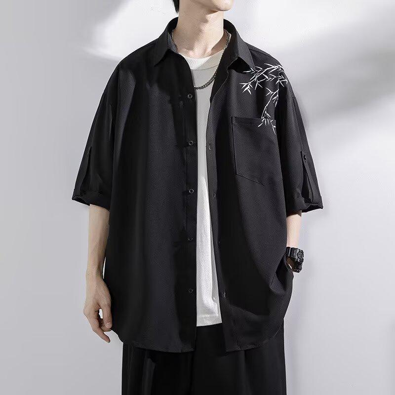 

Мужская летняя рубашка из ледяного шелка с бамбуковым узором - Повседневный свободный крой с короткими рукавами 3XL чёрный