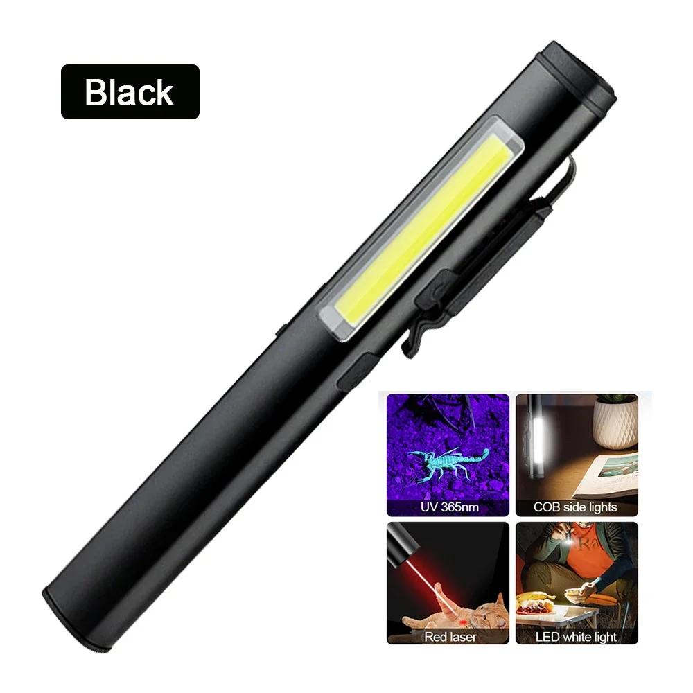 USB Rechargeable UV Flashlight 4 In 1(UV/LED/COB)Multifunctional Mini LED 4 Light Sources Pen Clip Flashlight with Indicator