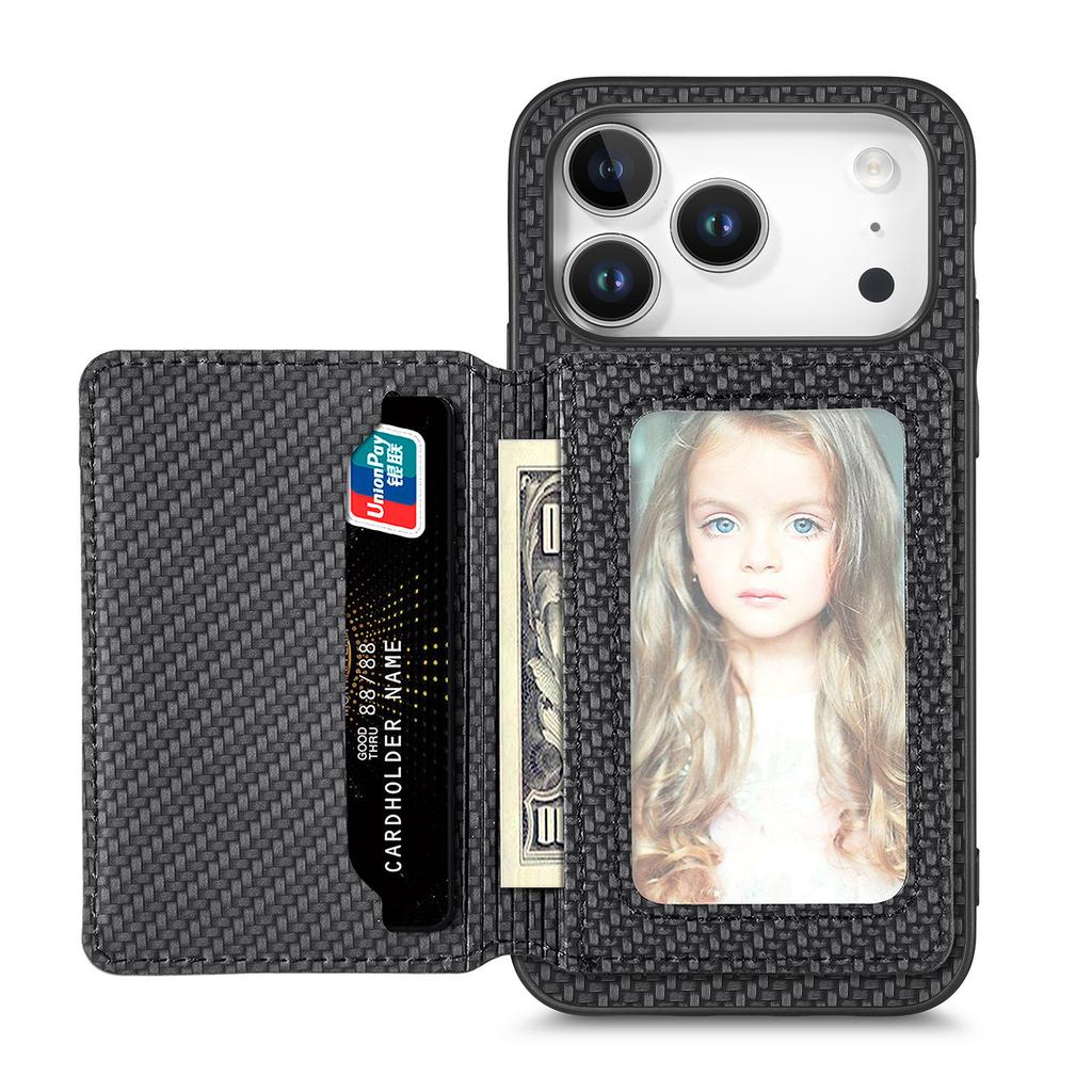 For iPhone 17 Pro Case RFID Blocking Carbon Fiber Leather Phone Back Cover with Card Holder