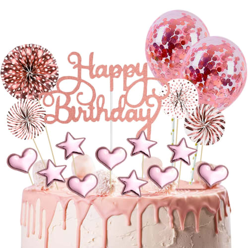 Paready 17-Piece Birthday Cake Topper Set, Includes Cake Insert, Happy Birthday Card, and Happy Birthday Cake Decorations in Rose Gold