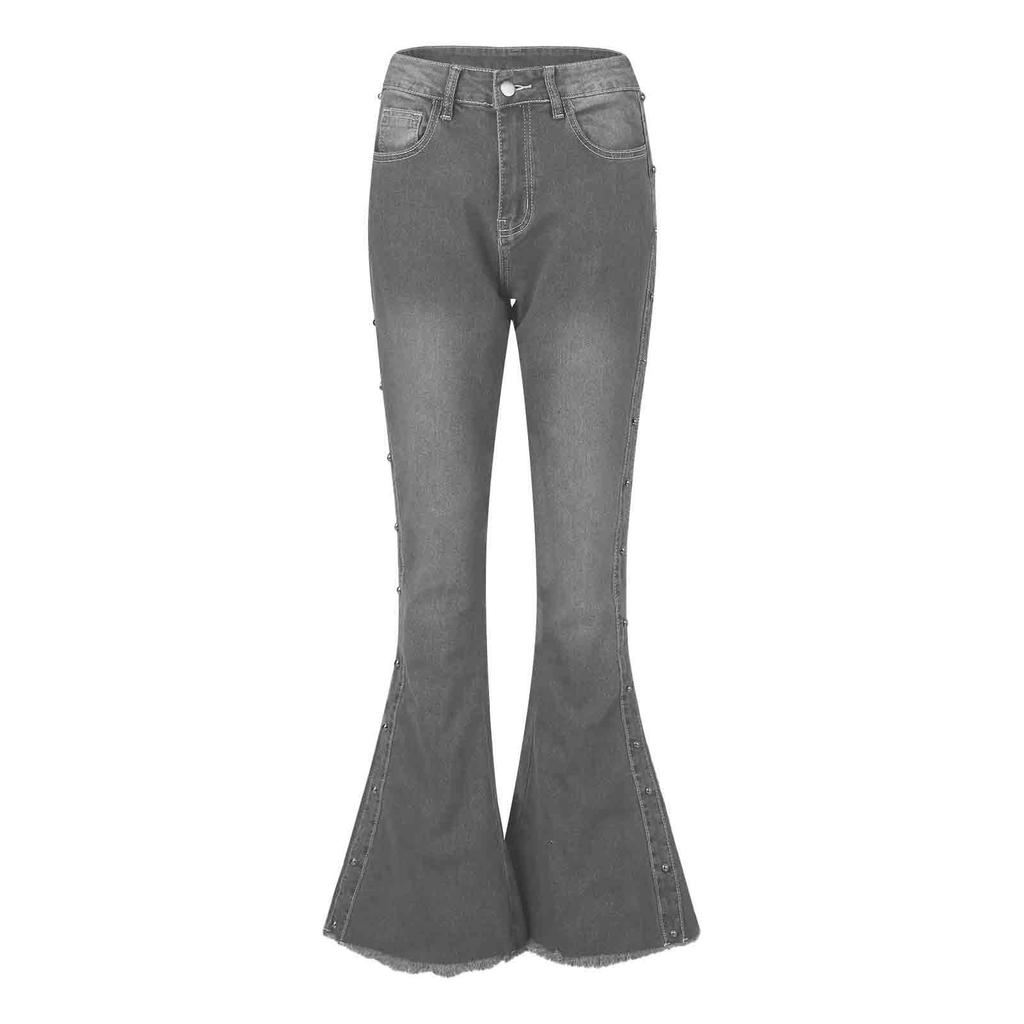 Summer Women's Button Slim Front And Back Pocket Zipper Design Flared Leg Work Pants Denim Trousers