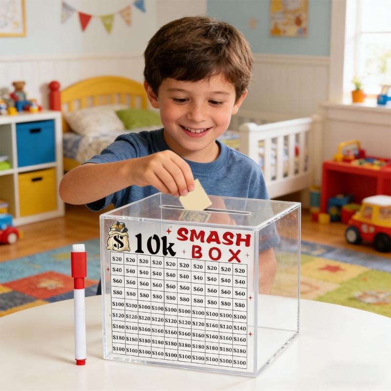 10K/20K Smash Box Money Saving Challenge,Clear Acrylic Piggy Banks Break To Open Cash Vaults,Cash and Coin Collection Box