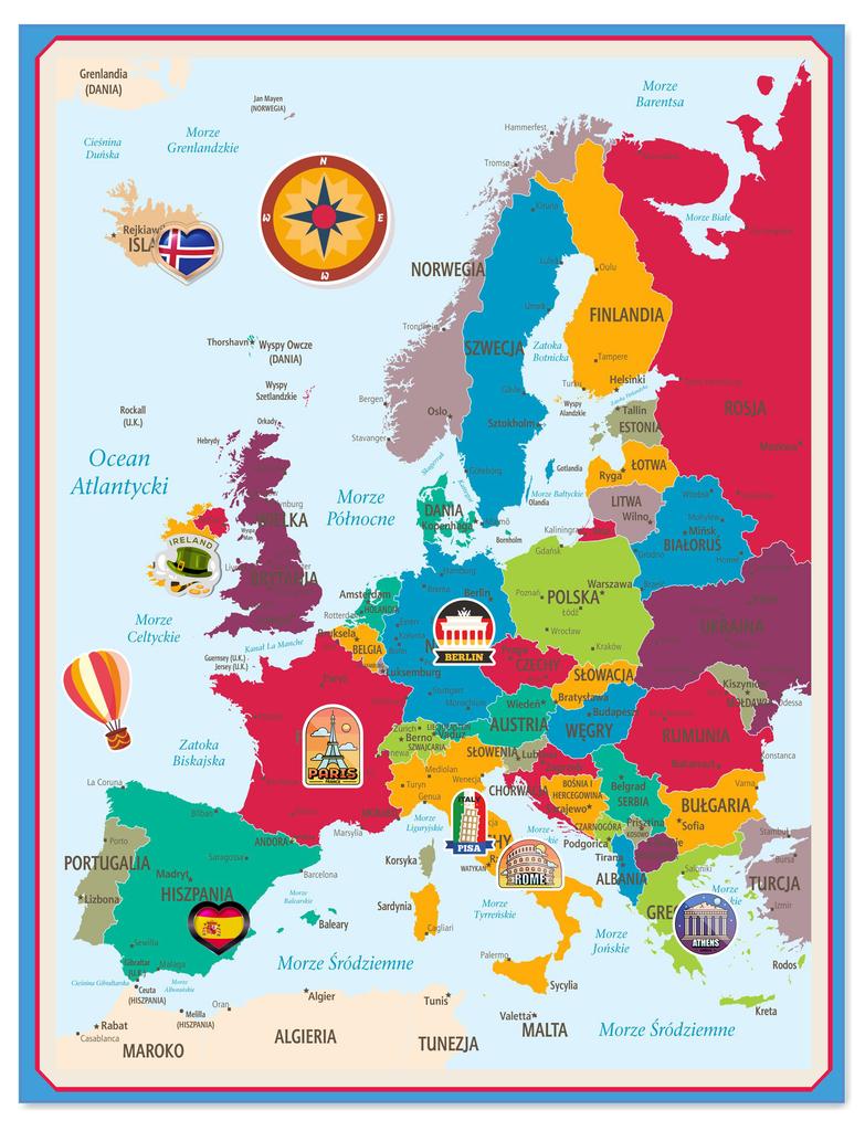 Tablica Magnetyczna samoprzylepna kolorowa Mapa Europy na magnesy XXL