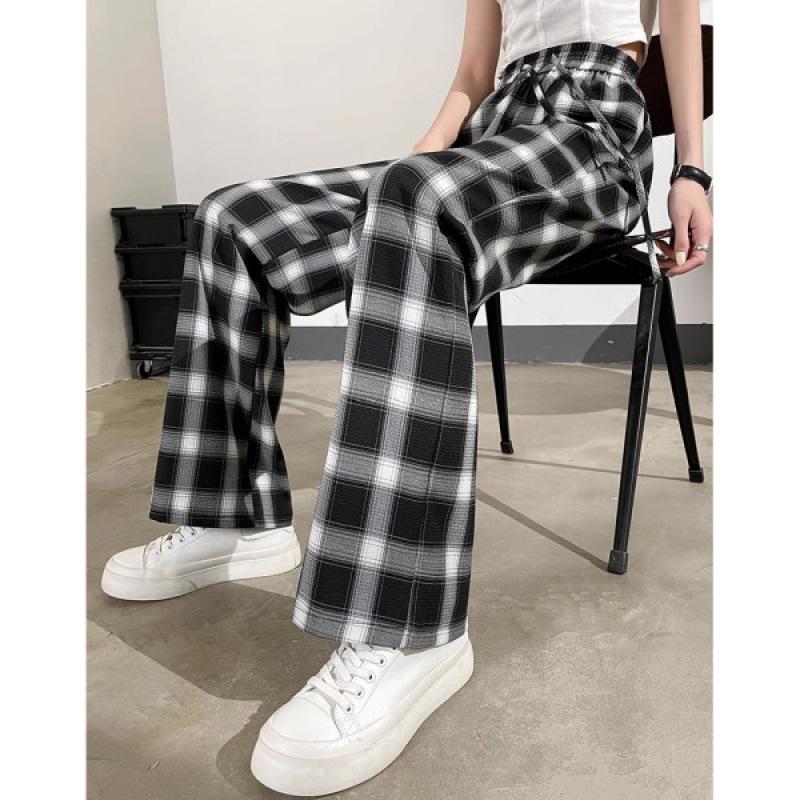 

Women s Black & White Plaid Plus Size Wide-Leg High Waist Ice Silk Pants 4XL