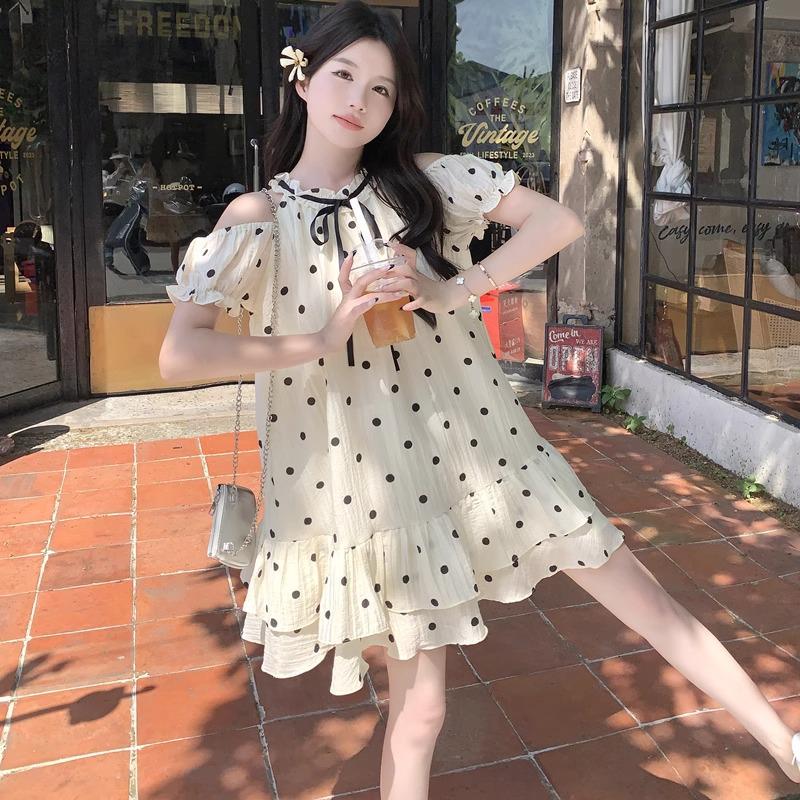 Women's Off-Shoulder Polka Dot Petite Dress – Summer 2026 Elegant French Style, Fluffy and Short