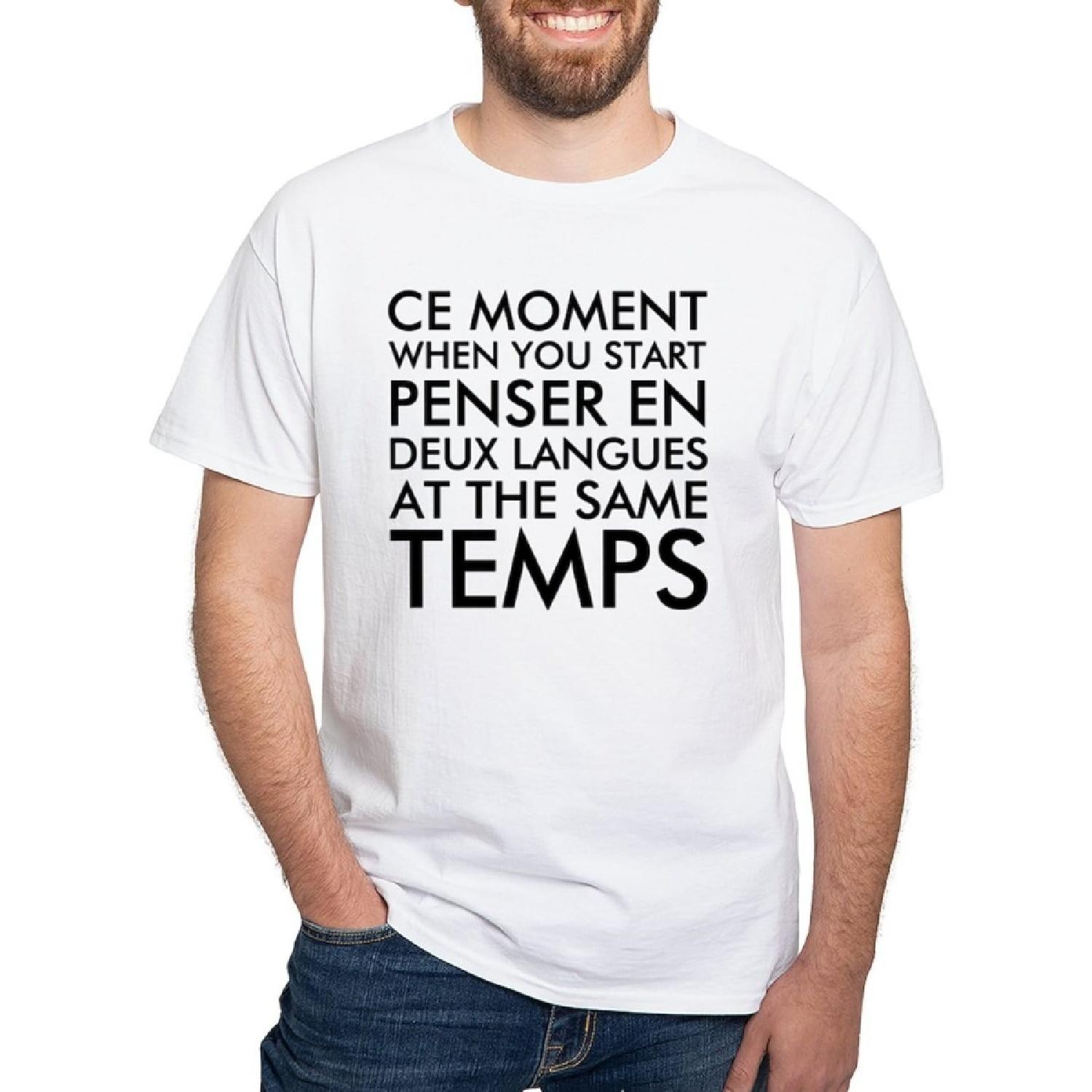 CafePress Thinking in French and English (Back White T Shirt Men s 100% Cotton, Classic Graphic White T-Shirt S