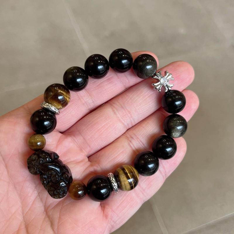 Natural Obsidian Pixiu Bracelet With Tiger Eye Beads Handmade Boho Chic Unisex Jewelry Daily Wear