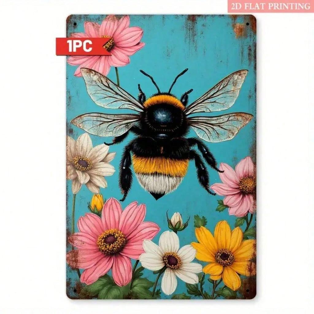 2D Retro Metal Foil Sign, Vintage Bees & Floral Wall Art, Turquoise & Pink Rustic Cottage Decor, Country Bee Design