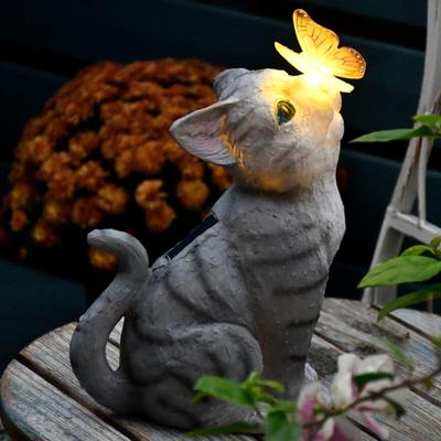 Resin Cat Statue with Solar Light Waterproof Automatic On/Off Rechargeable LED Solar Lamp Garden Figurine Outdoor Decor