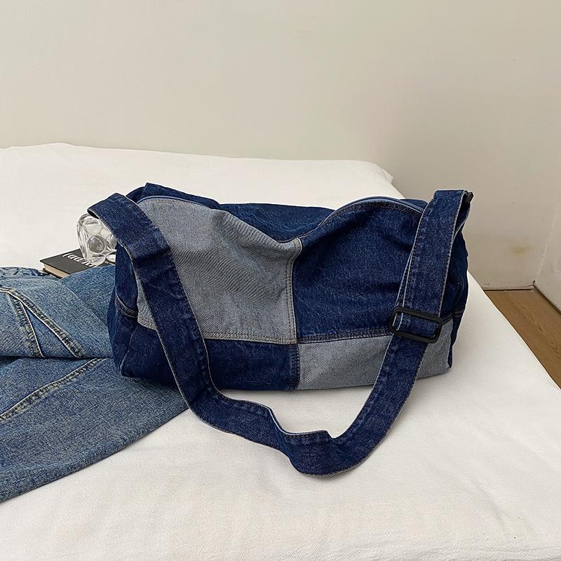 Damen-Umhängetasche mit Farbblock-Muster, Denim-Umhängetasche, große Kapazität, Unterarmtasche