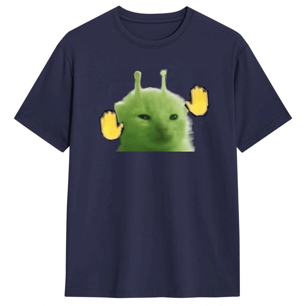 Green Alien Cat Meme T Shirt Unisexs Cotton Funny TShirts Crewneck Tee Shirt Short Sleeve Clothes Summer
